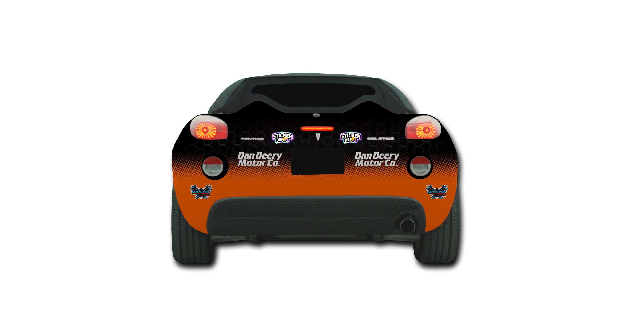Black and orange Hawkeye drift car rear livery