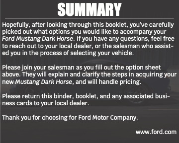 Mustang booklet summary page