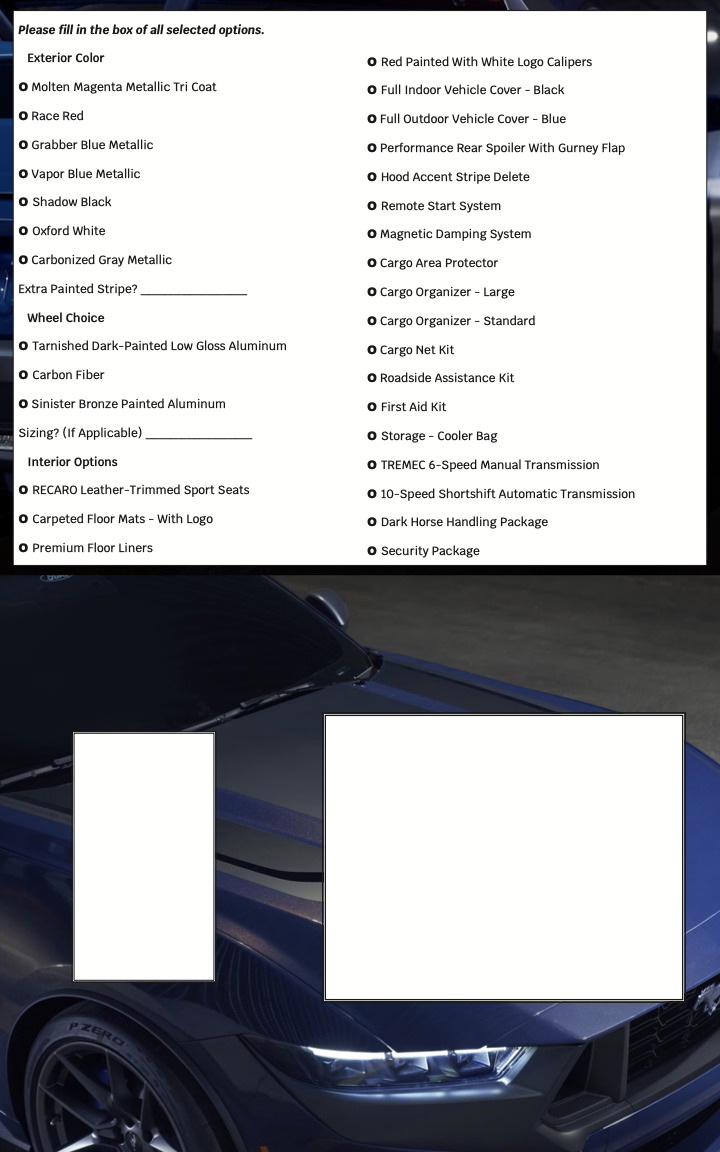 Ford Mustang Dark Horse brochure option form page